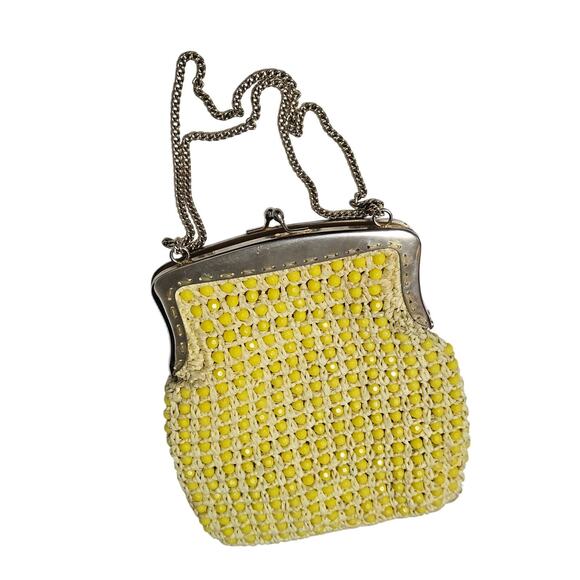 Vintage Retro Yellow Beaded Raffia Cross Body Chain Link Strap Bag Made in Italy - Picture 1 of 10